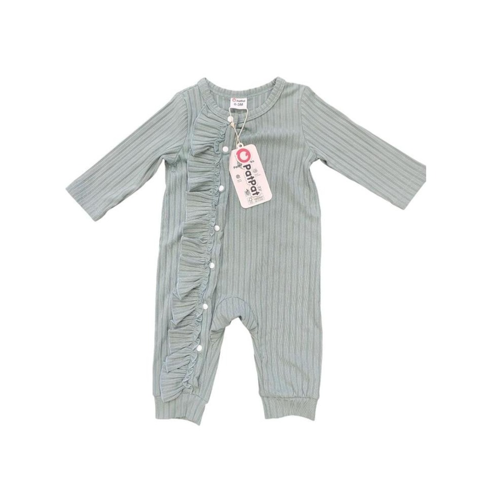 Baby Ruffle Romper With Ribbed Fabric - Long Sleeve Sage Green 12-18 months